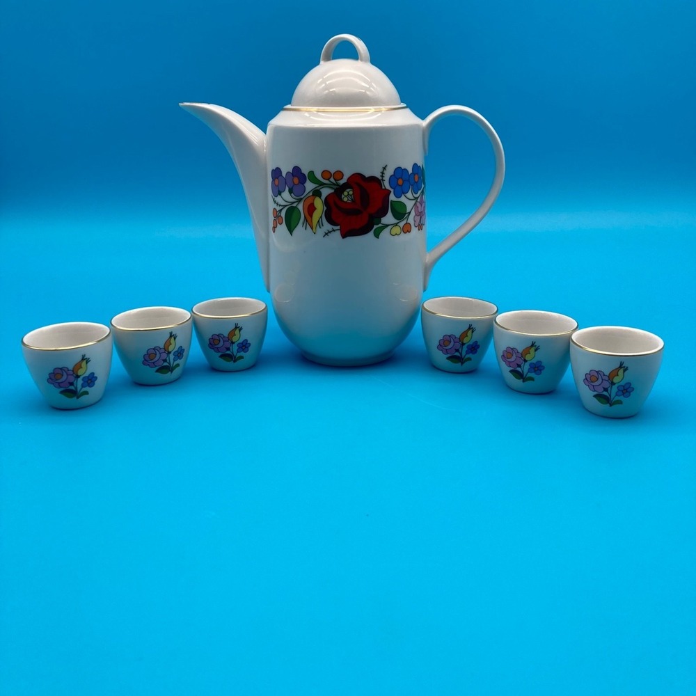 Vintage Kalocsa Hungary Handpainted Porcelain Coffee Pot and 6 Cups Set